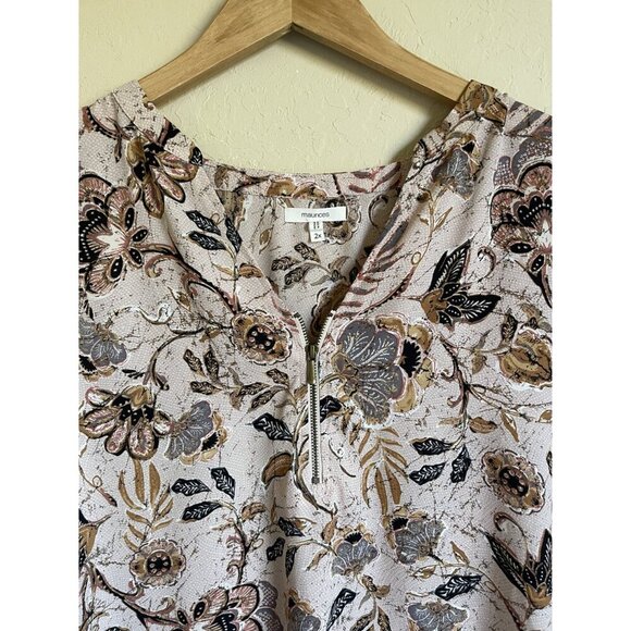 Maurices 2X Floral Zip Front V-Neck Short Sleeve Top Tan Black Polyester - Picture 3 of 7